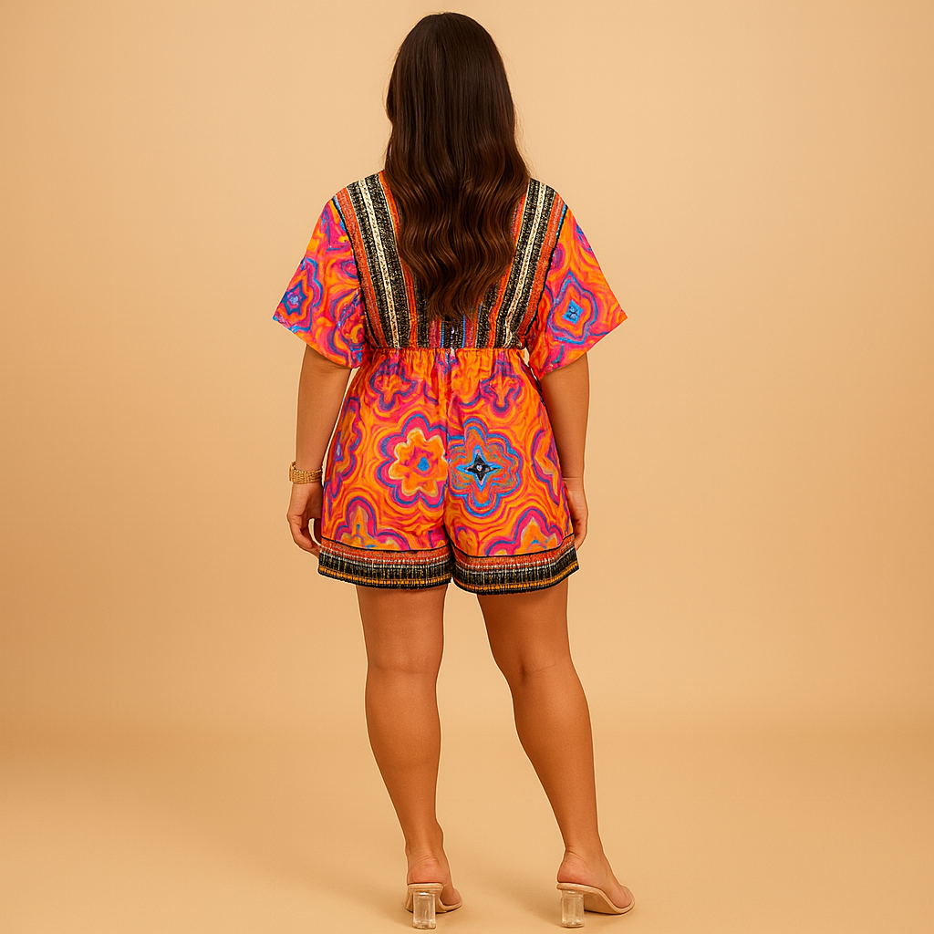 Women’s boho summer jumpsuit with orange print, wide legs, and batwing sleeves, perfect for beach days, summer parties, and casual outings.