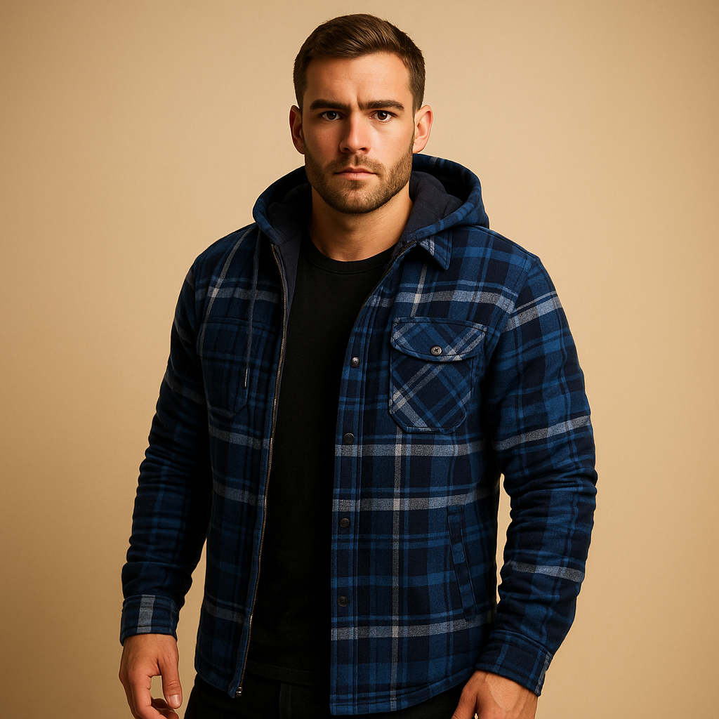 Men’s bomber jacket with hood featuring a warm lining and wind-resistant design, suitable for everyday wear and winter outings.