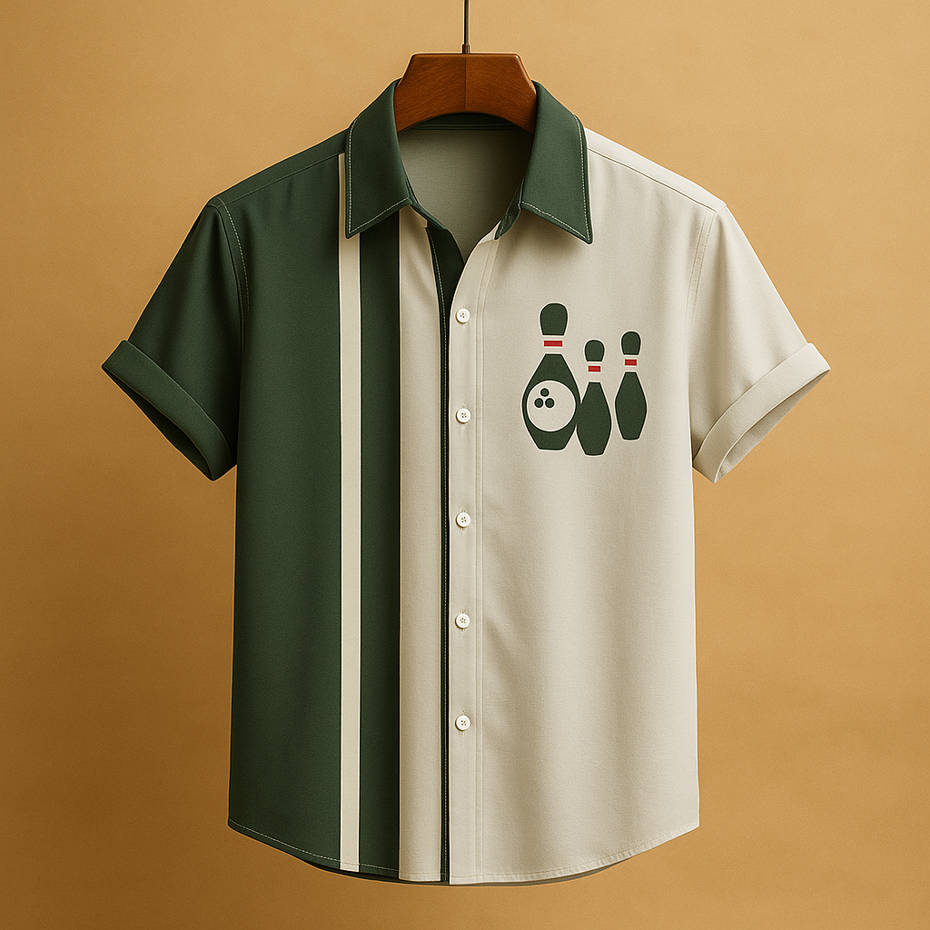 Men’s polo shirt with bowling print and classic collar, perfect for casual wear and sporty occasions.
