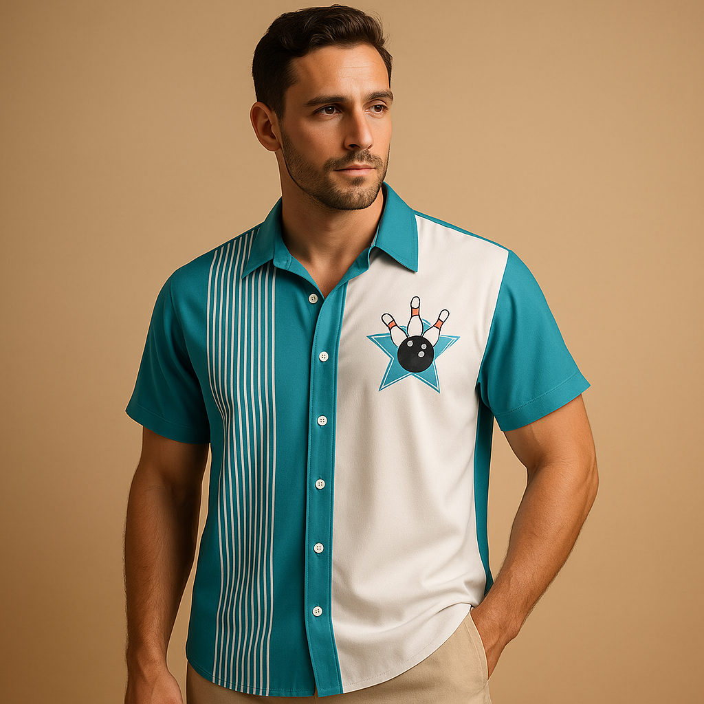 Men’s polo shirt with bowling print and classic collar, perfect for casual wear and sporty occasions.