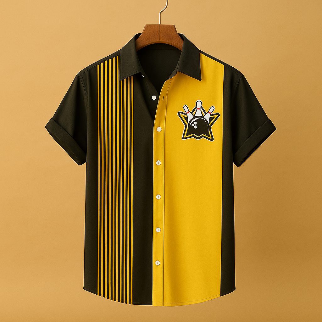 Men’s polo shirt with bowling print and classic collar, perfect for casual wear and sporty occasions.
