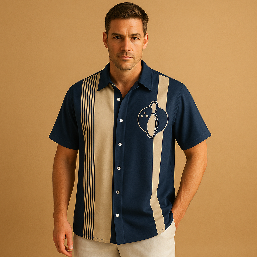 Men’s polo shirt with bowling print and classic collar, perfect for casual wear and sporty occasions.
