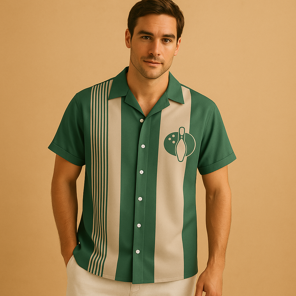 Men’s polo shirt with bowling print and classic collar, perfect for casual wear and sporty occasions.
