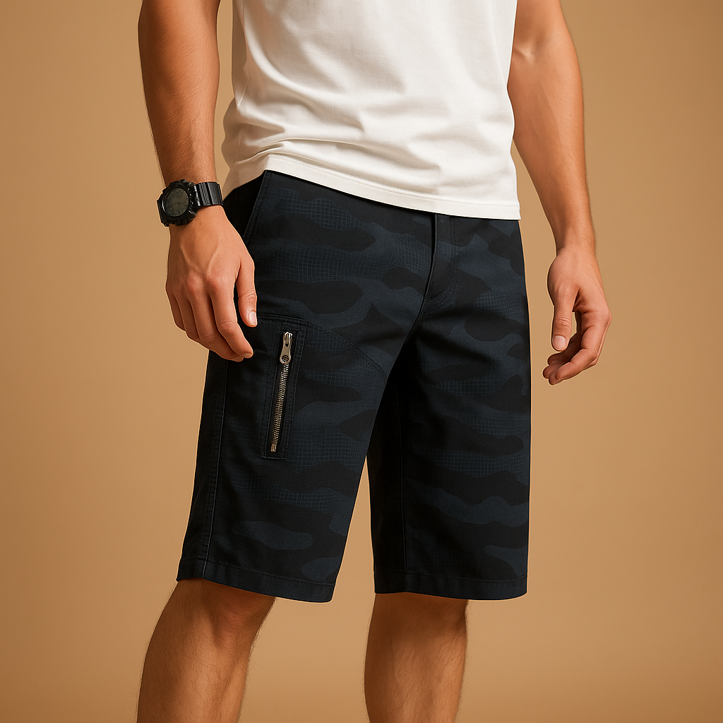 Men’s camouflage cargo shorts with multiple pockets and loose fit — perfect for hiking, camping, and casual outdoor wear.