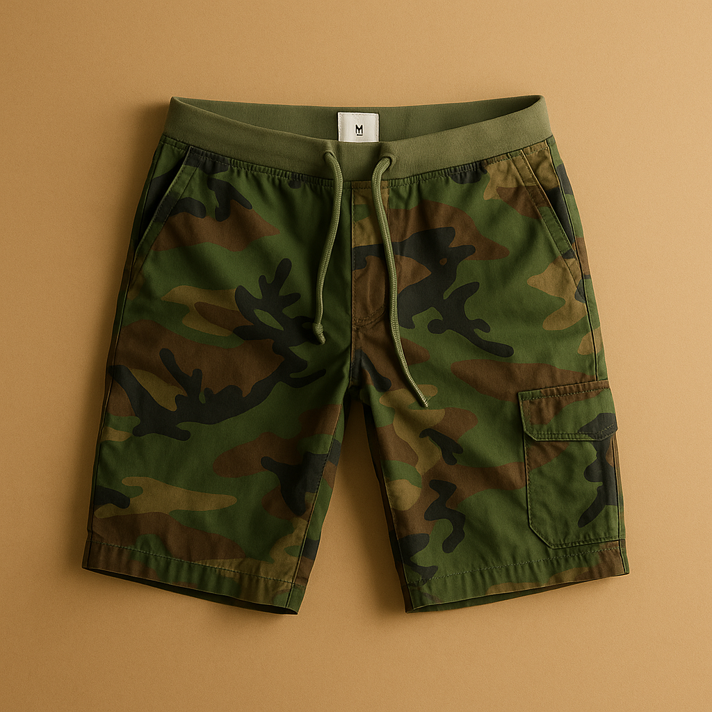 Men’s camouflage cotton shorts with lightweight breathable fabric and classic camo pattern, perfect for outdoor adventures and casual wear.