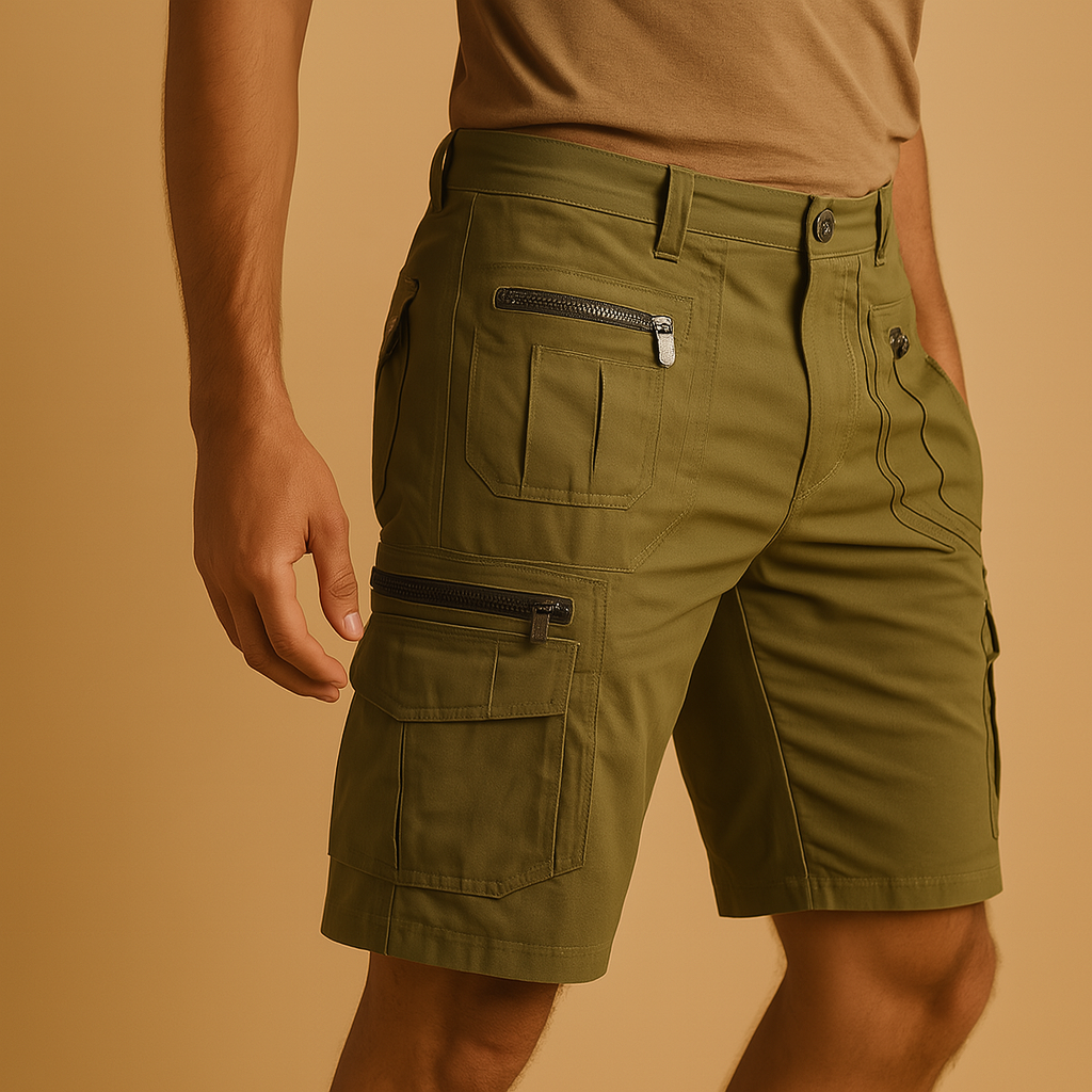 Men’s cargo shorts with zipper and flap pockets, featuring a straight knee-length fit and breathable fabric for outdoor and everyday wear.