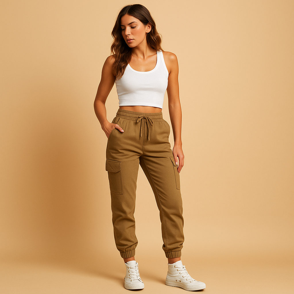 Women’s high waist cargo trousers with slim fit and durable stretch fabric, featuring functional cargo pockets for casual or semi-formal outfits.