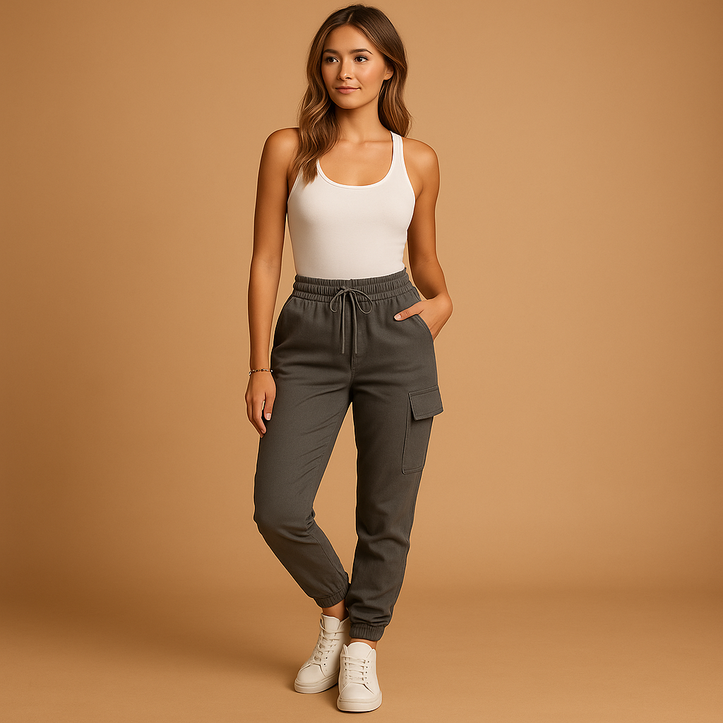 Women’s high waist cargo trousers with slim fit and durable stretch fabric, featuring functional cargo pockets for casual or semi-formal outfits.