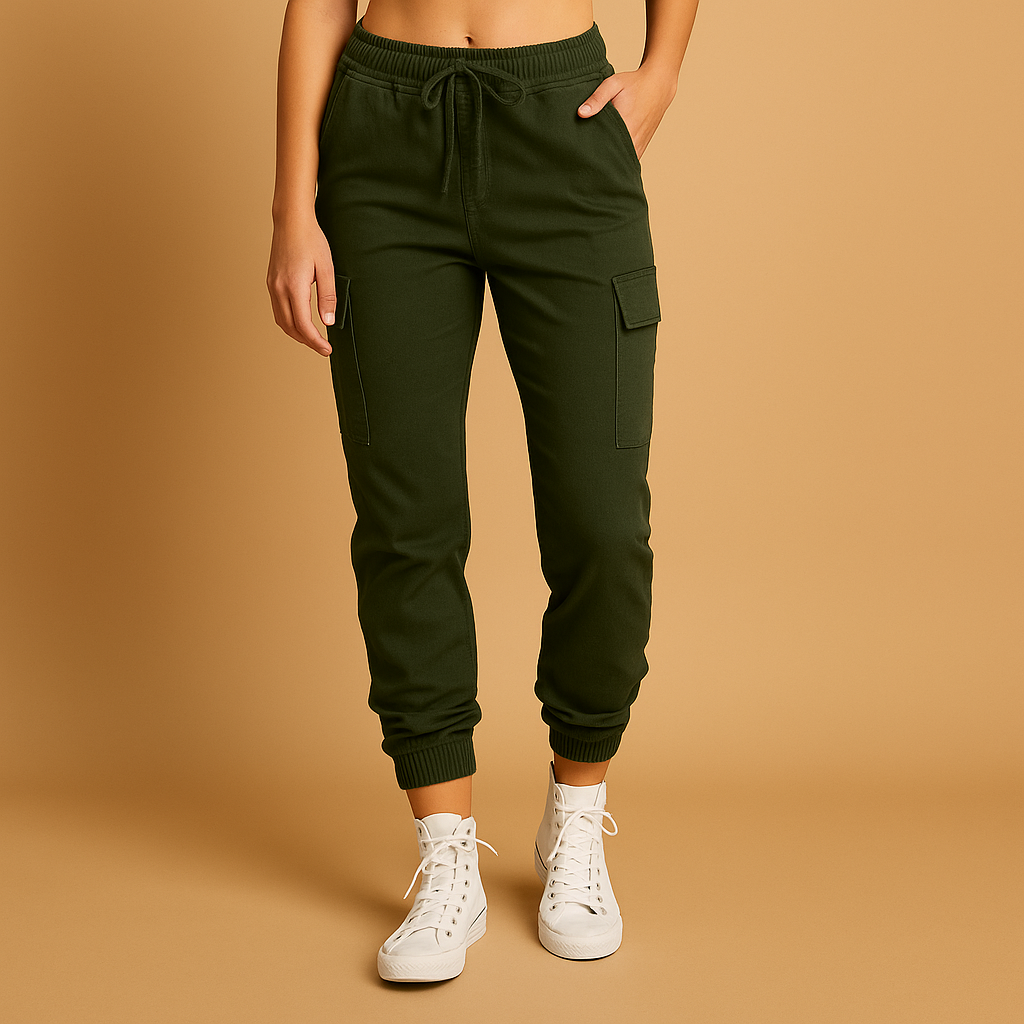 Women’s high waist cargo trousers with slim fit and durable stretch fabric, featuring functional cargo pockets for casual or semi-formal outfits.