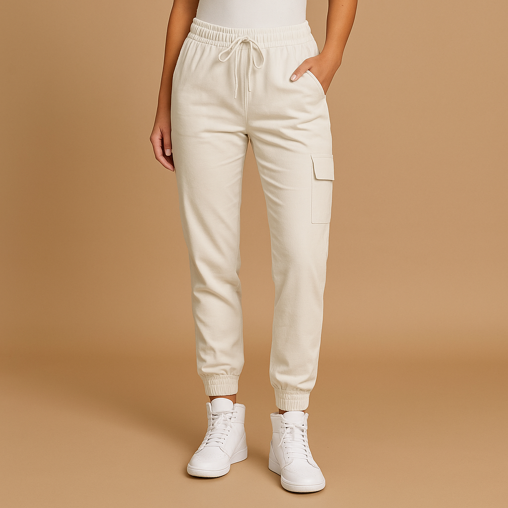 Women’s high waist cargo trousers with slim fit and durable stretch fabric, featuring functional cargo pockets for casual or semi-formal outfits.