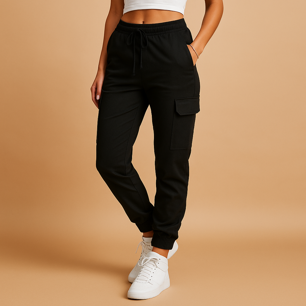 Women’s high waist cargo trousers with slim fit and durable stretch fabric, featuring functional cargo pockets for casual or semi-formal outfits.