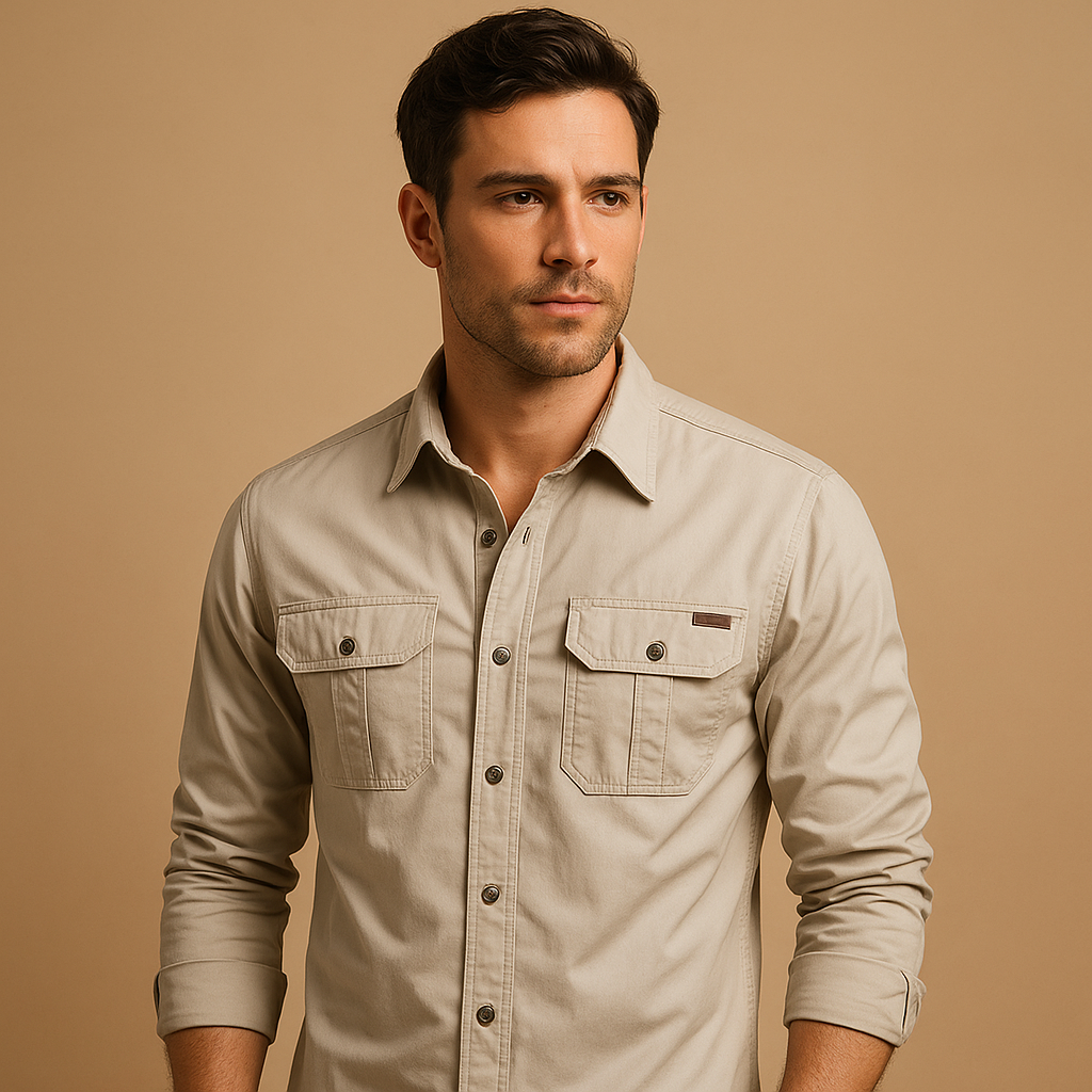Men’s casual cargo shirt with breathable cotton fabric and front pockets, ideal for outdoor and casual outfits.
