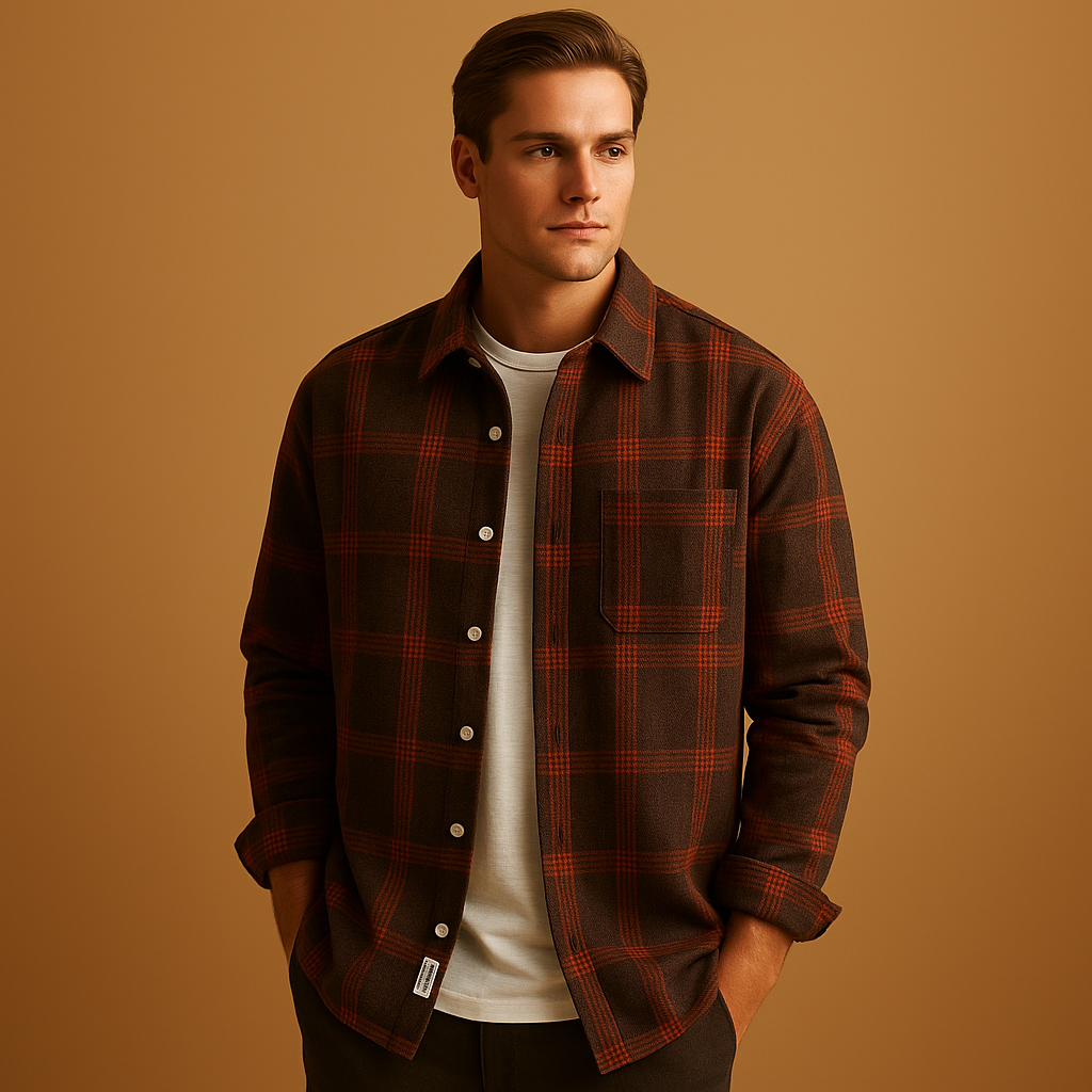 Men’s casual checkered shirt with folded collar and button closure, perfect for casual days and relaxed gatherings.