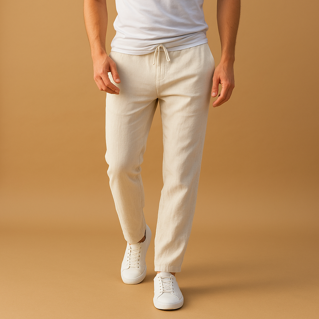 Men’s casual cotton pants with elastic waistband, made from soft breathable fabric, ideal for home, travel, or casual daily wear.