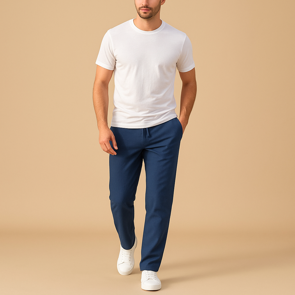 Men’s casual cotton pants with elastic waistband, made from soft breathable fabric, ideal for home, travel, or casual daily wear.