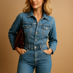 Casual denim jumpsuit for women with straight-leg design and long sleeves, ideal for daily wear and transitional seasons.