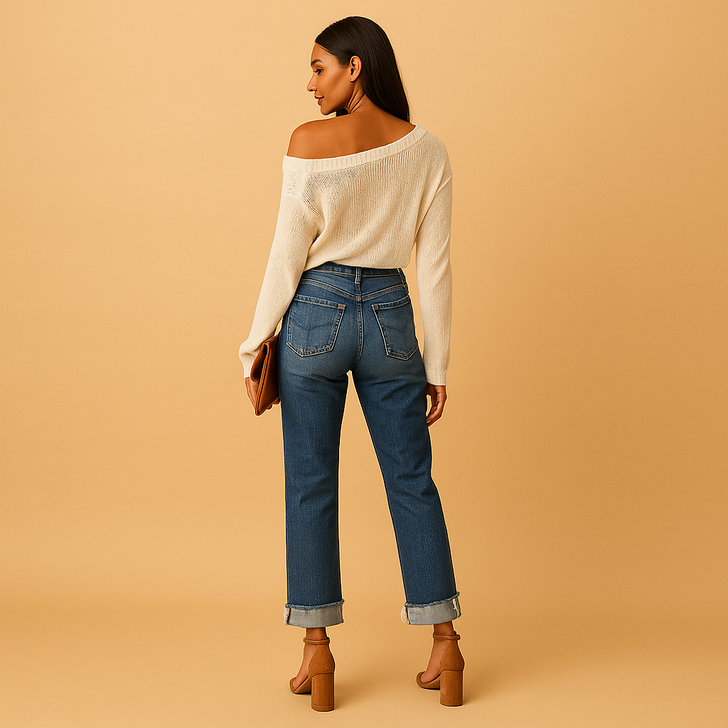 Women’s casual jeans with a relaxed fit and asymmetric waistband, offering comfort and a modern urban style for everyday wear.