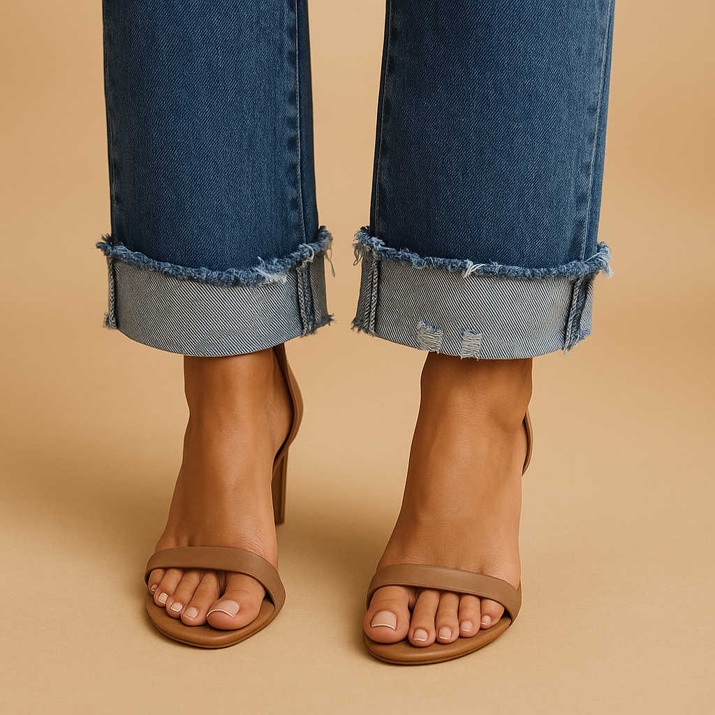 Women’s casual jeans with a relaxed fit and asymmetric waistband, offering comfort and a modern urban style for everyday wear.