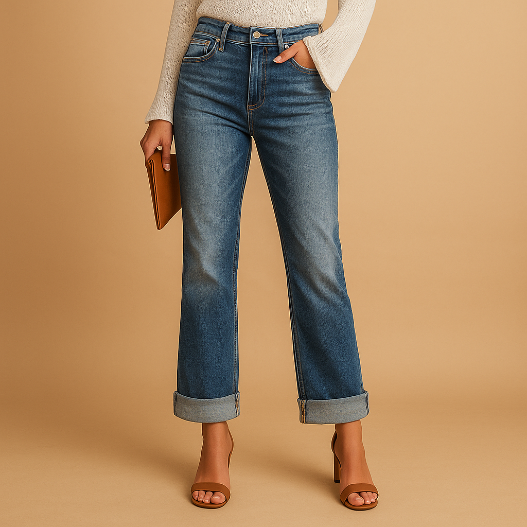 Women’s casual jeans with a relaxed fit and asymmetric waistband, offering comfort and a modern urban style for everyday wear.