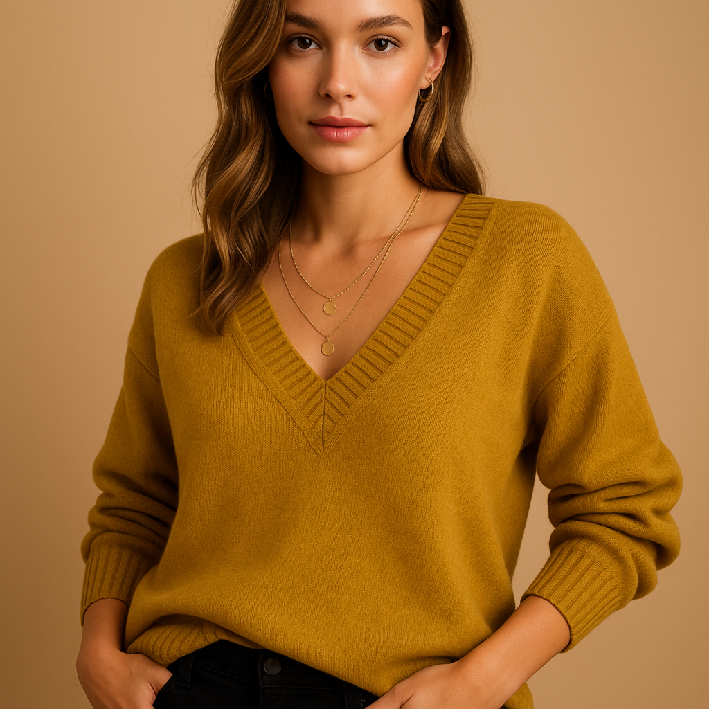 Women’s casual knitted V-neck sweater with soft, stretchy fabric and classic texture, perfect for everyday wear and layering.