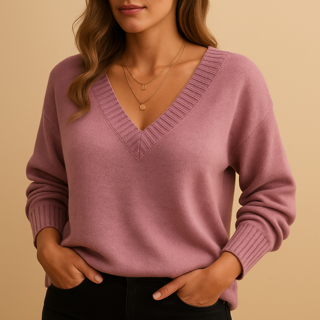 Women’s casual knitted V-neck sweater with soft, stretchy fabric and classic texture, perfect for everyday wear and layering.