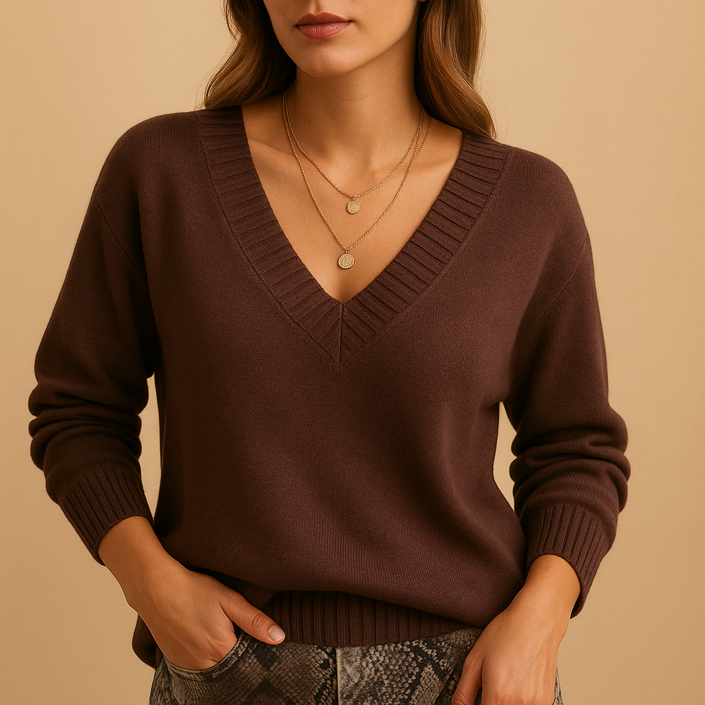 Women’s casual knitted V-neck sweater with soft, stretchy fabric and classic texture, perfect for everyday wear and layering.