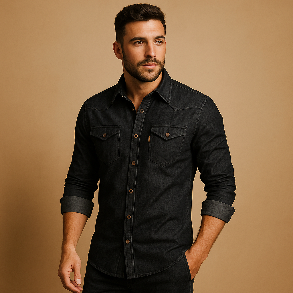 Men’s casual long sleeve cotton shirt in black and navy blue, perfect for warm days and relaxed everyday wear.