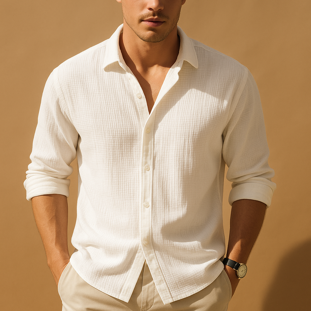 Men’s casual long sleeve shirt with stand collar and solid color design, perfect for daily wear and semi-formal looks.