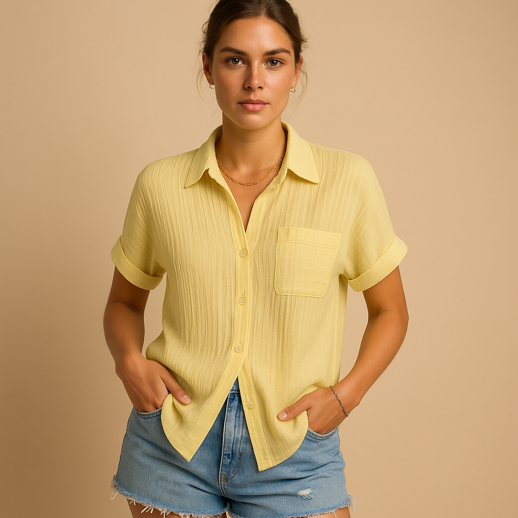 Casual short sleeve polo shirt for women with a chest pocket, suitable for everyday wear, summer outings, and relaxed occasions.