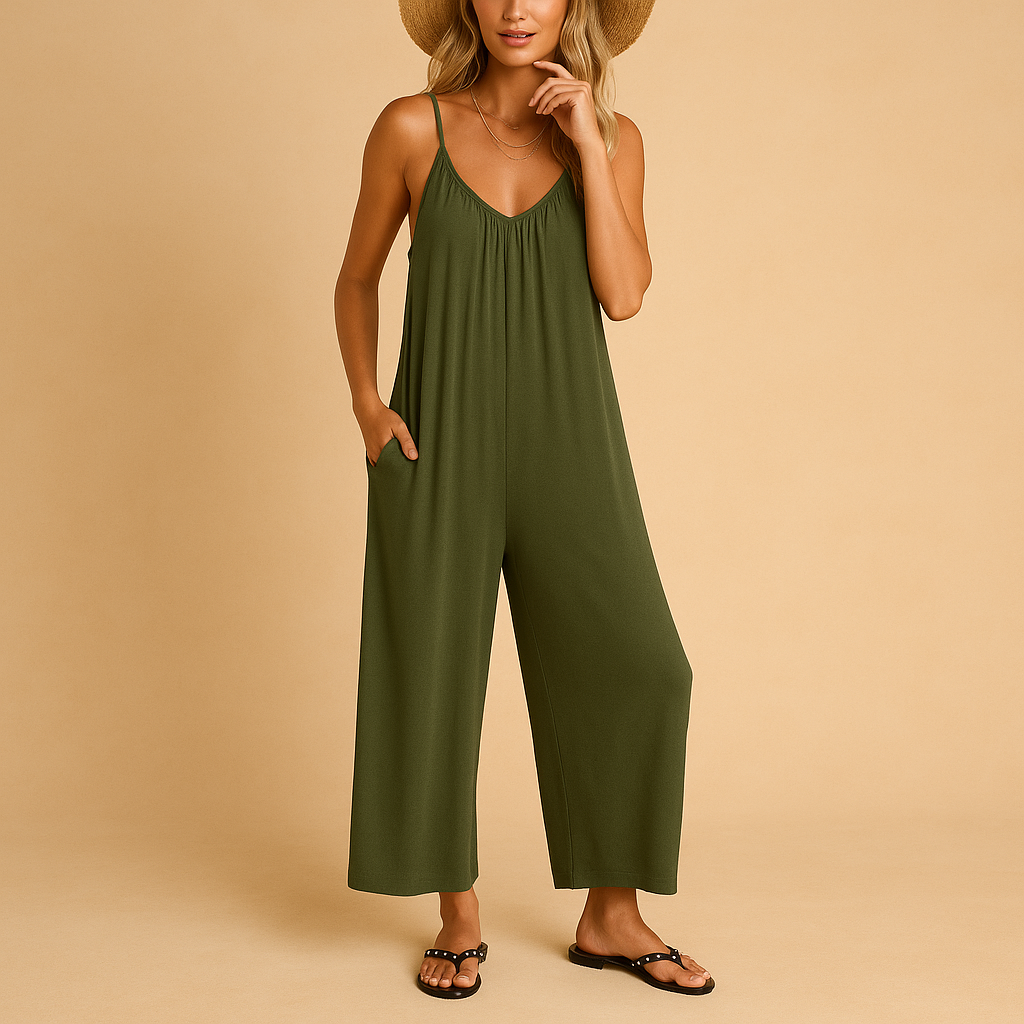 Women’s casual summer jumpsuit with adjustable straps and elastic waistband, ideal for holidays, parties, and relaxed summer days.
