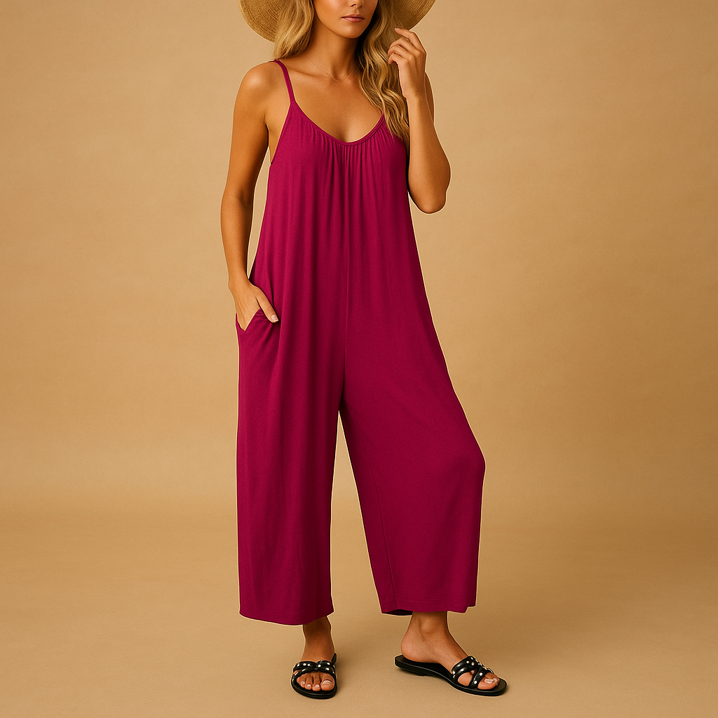 Women’s casual summer jumpsuit with adjustable straps and elastic waistband, ideal for holidays, parties, and relaxed summer days.