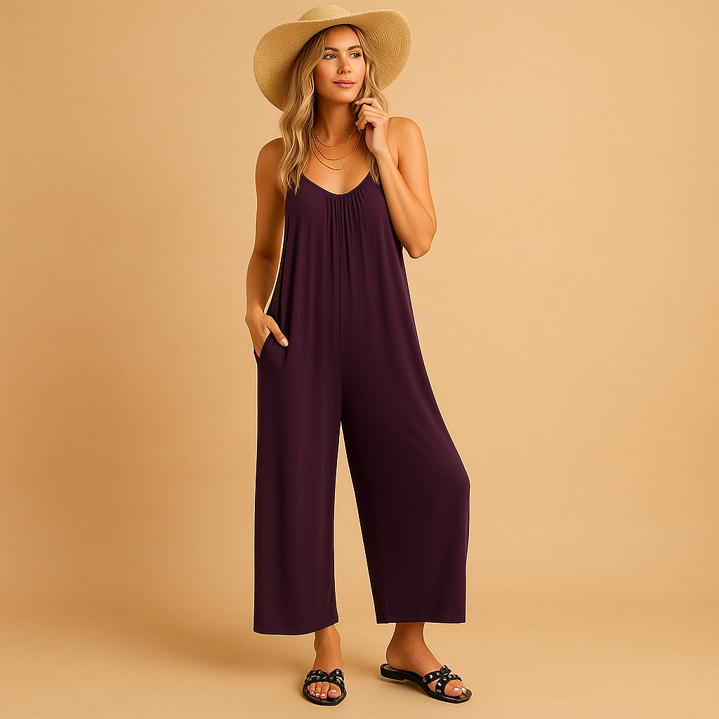 Women’s casual summer jumpsuit with adjustable straps and elastic waistband, ideal for holidays, parties, and relaxed summer days.