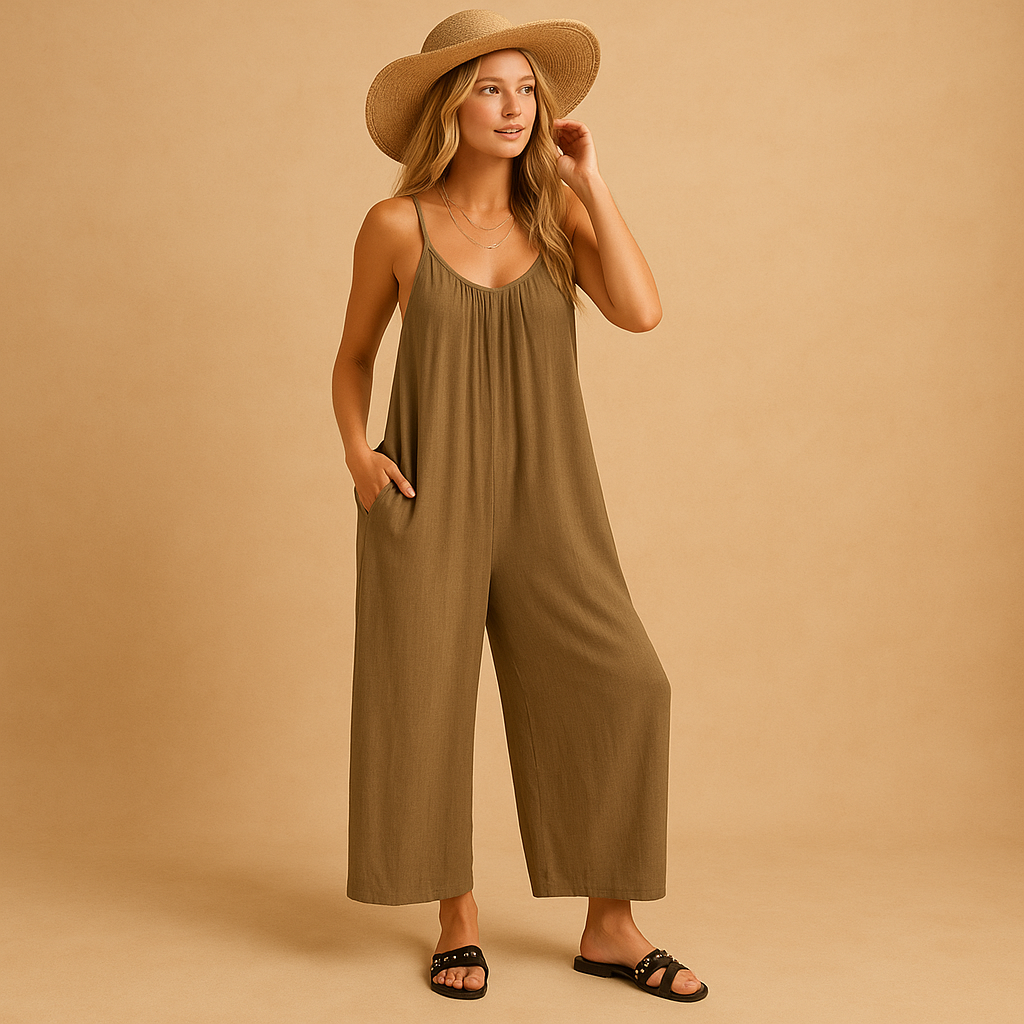 Women’s casual summer jumpsuit with adjustable straps and elastic waistband, ideal for holidays, parties, and relaxed summer days.