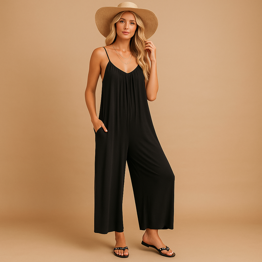 Women’s casual summer jumpsuit with adjustable straps and elastic waistband, ideal for holidays, parties, and relaxed summer days.