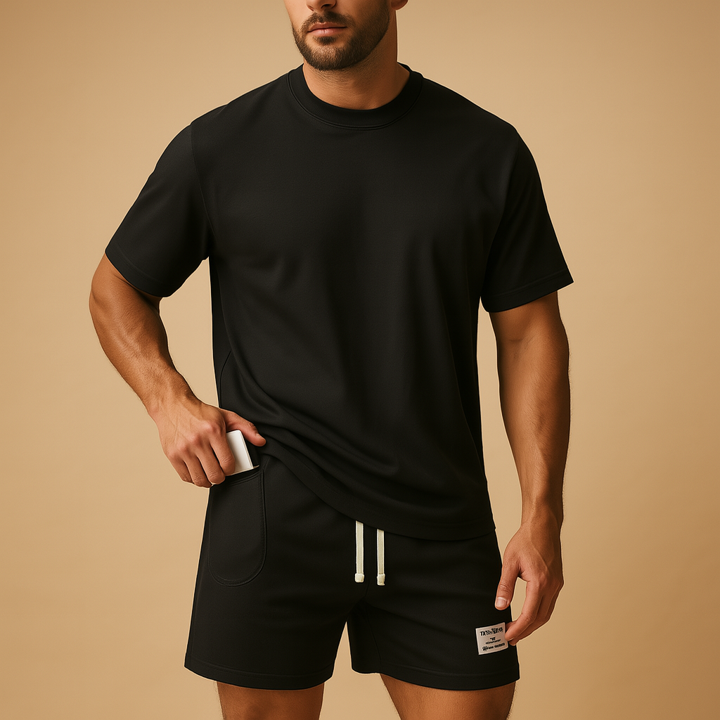 Men’s casual summer set with minimalist T-shirt and matching shorts, ideal for lounging, leisure, or warm summer days.