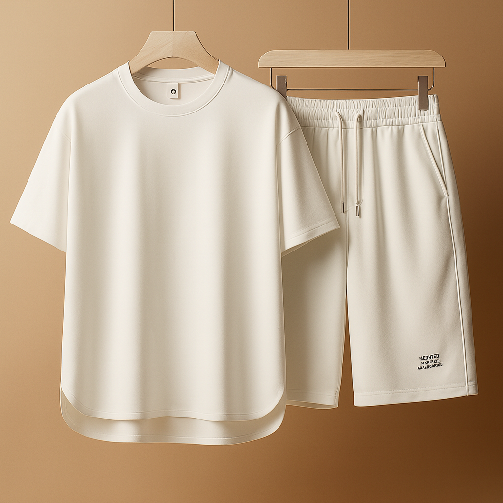 Men’s casual summer set with minimalist T-shirt and matching shorts, ideal for lounging, leisure, or warm summer days.