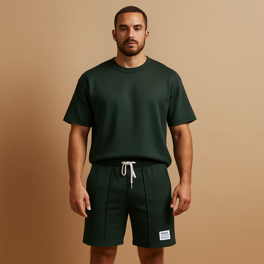 Men’s casual summer set with minimalist T-shirt and matching shorts, ideal for lounging, leisure, or warm summer days.