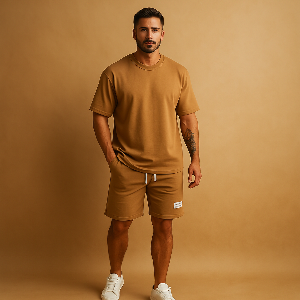 Men’s casual summer set with minimalist T-shirt and matching shorts, ideal for lounging, leisure, or warm summer days.
