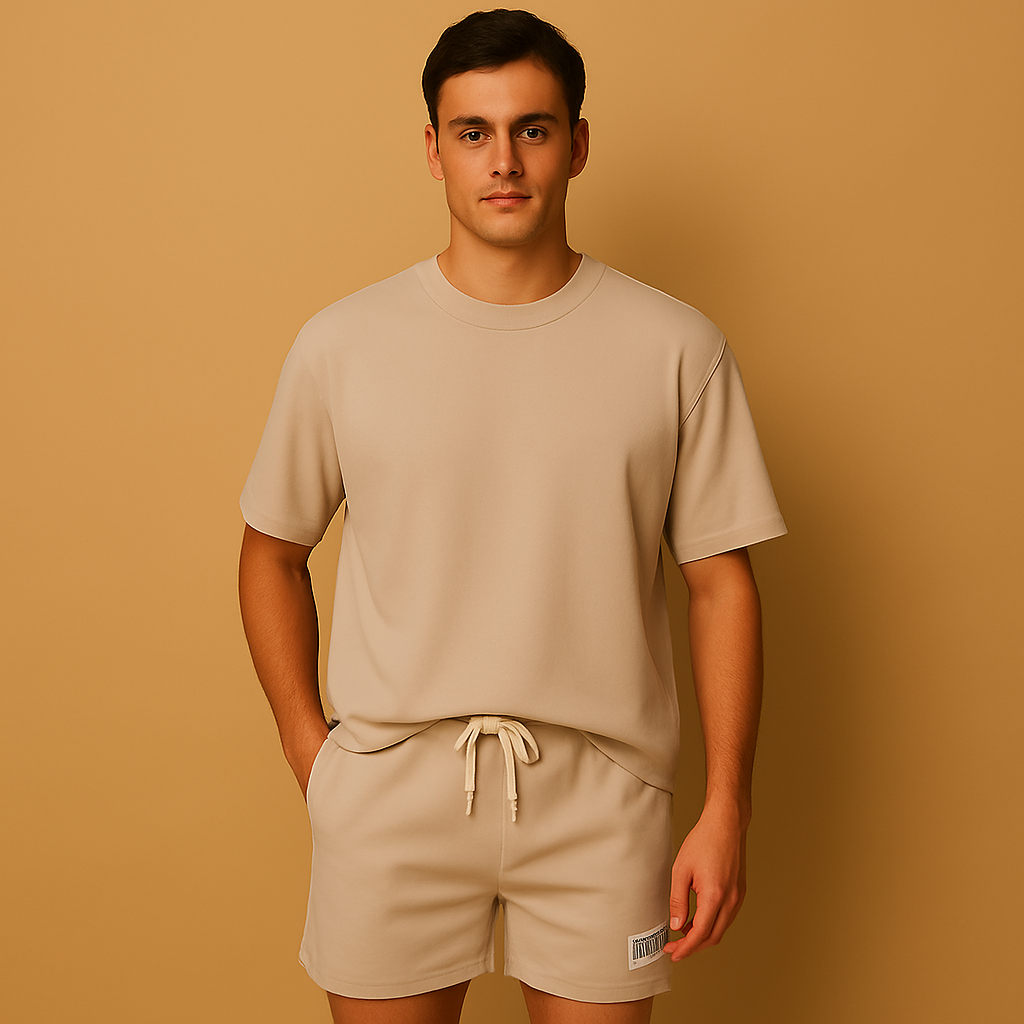 Men’s casual summer set with minimalist T-shirt and matching shorts, ideal for lounging, leisure, or warm summer days.