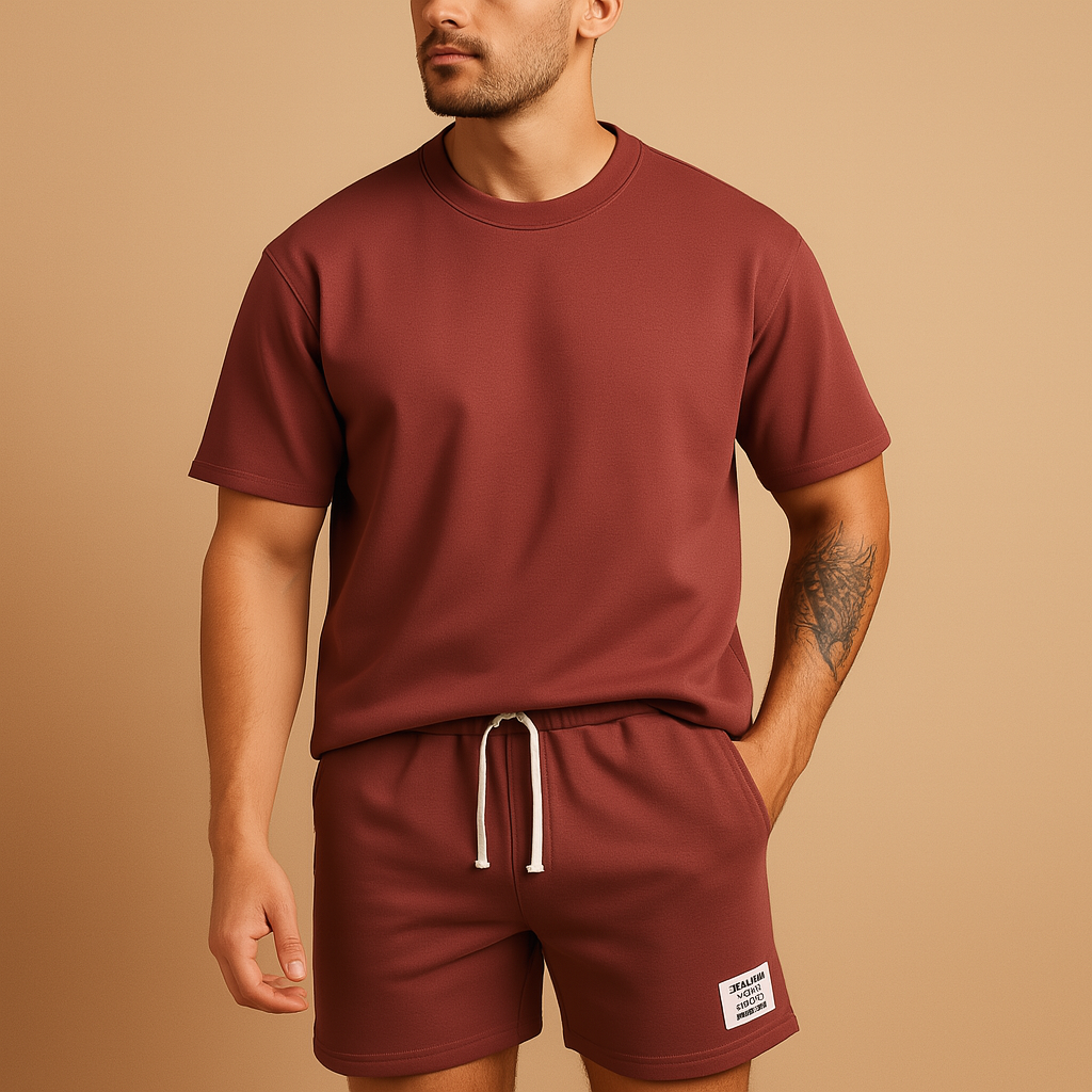 Men’s casual summer set with minimalist T-shirt and matching shorts, ideal for lounging, leisure, or warm summer days.