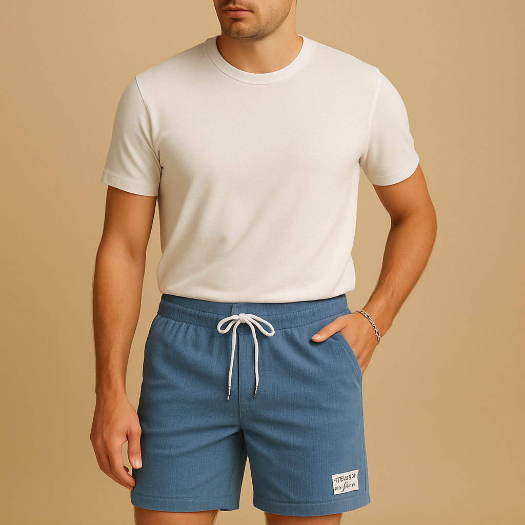 Men’s casual summer shorts with textured fabric, adjustable drawstring waist, and relaxed fit, ideal for lounging, beach days, and casual wear.