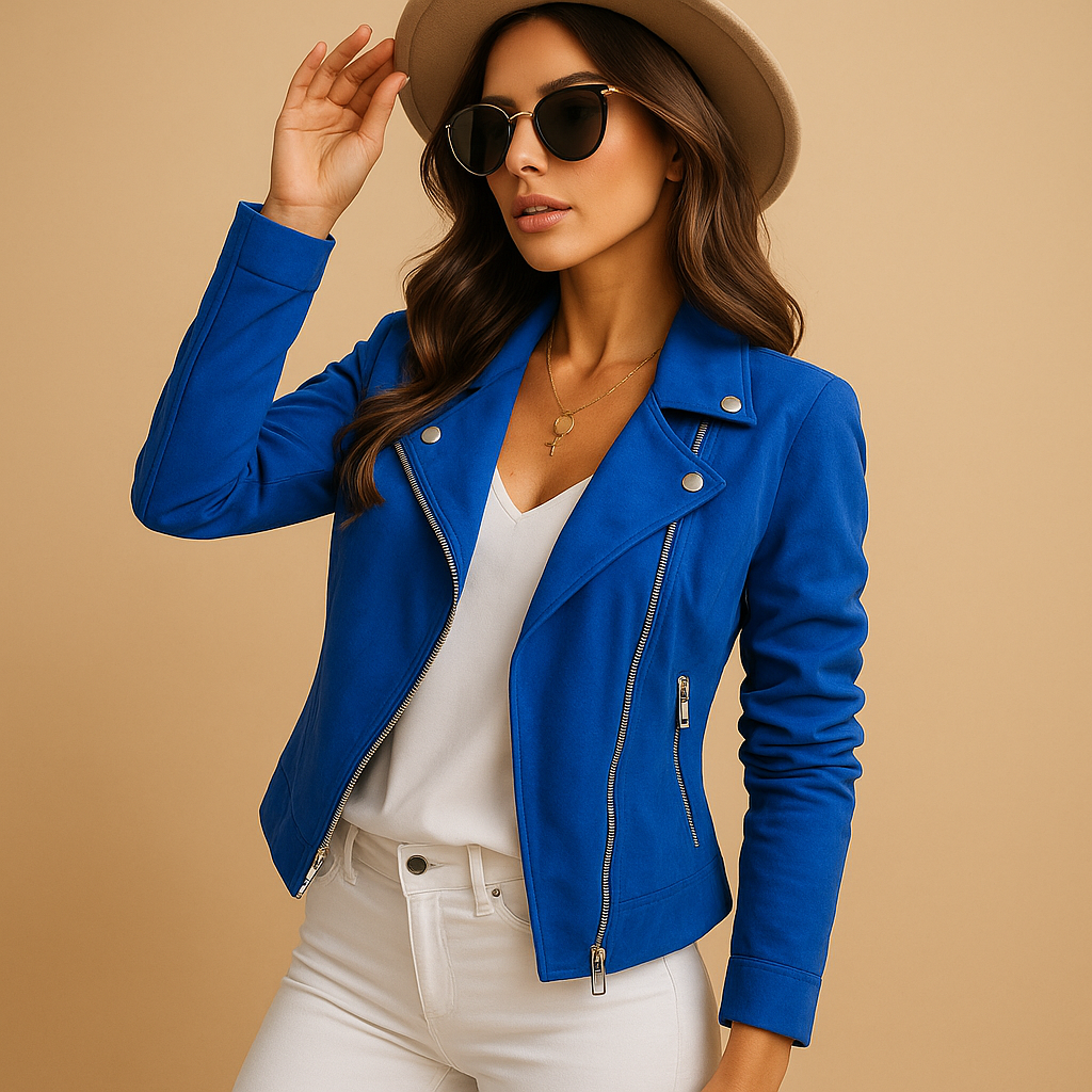 Casual women’s blazer with long sleeves and a practical zip closure, styled for everyday wear and versatile outfits.