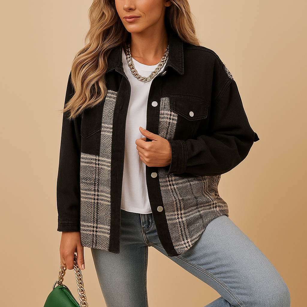 Women’s checked denim-look jacket with a relaxed fit and long sleeves, ideal for casual layering and semi-formal outfits.