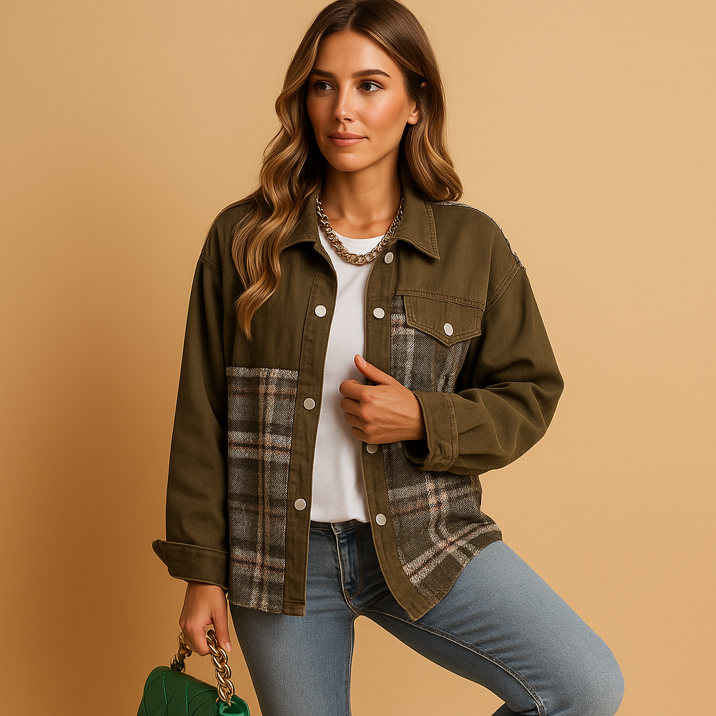Women’s checked denim-look jacket with a relaxed fit and long sleeves, ideal for casual layering and semi-formal outfits.