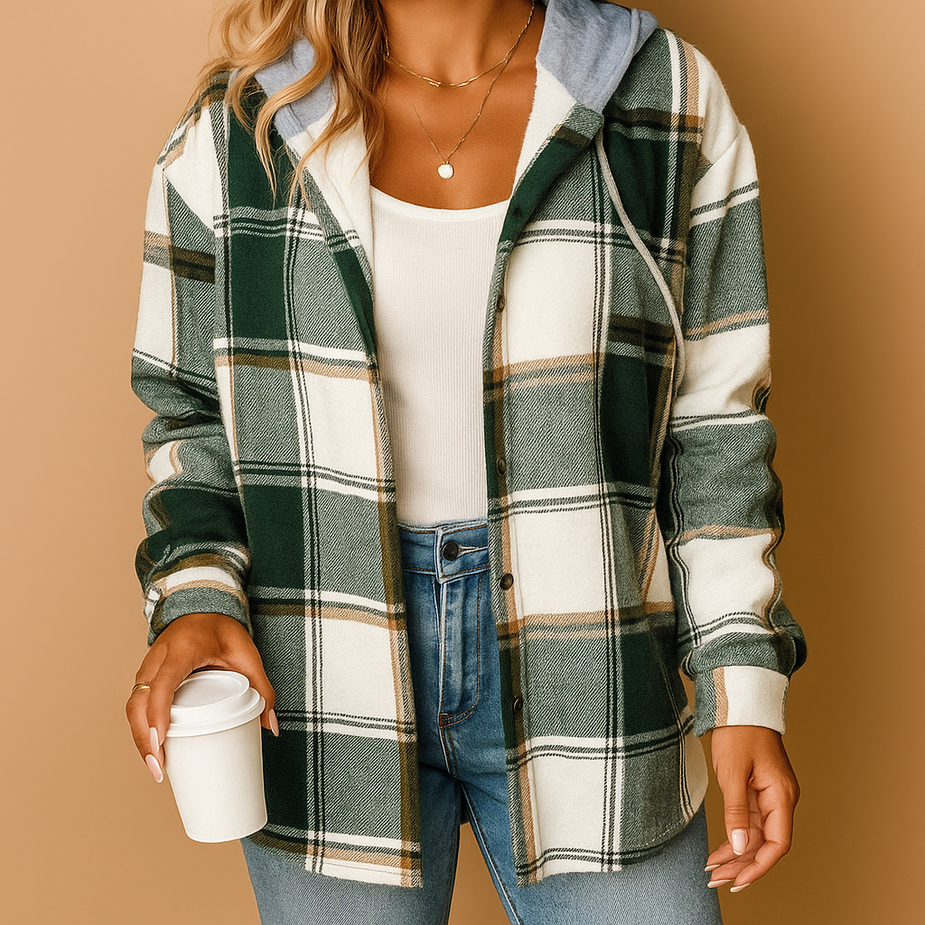 Women’s checked hooded jacket with a relaxed fit and breathable feel, suitable for everyday wear, layering, and casual indoor or outdoor use.