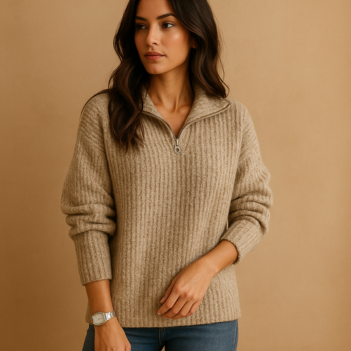 Chic half zip sweater for women with slightly tailored fit and breathable fabric, available in Khaki, Dark Gray, Gray, Blue, and Black.