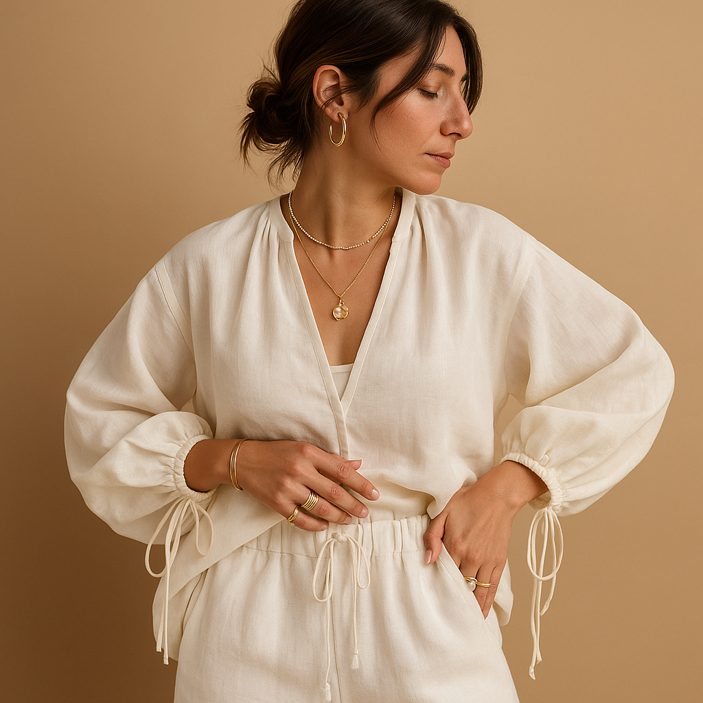 Stylish ruffle top and shorts set for women with V-neck top and elastic waist shorts, perfect for casual days or summer evenings.