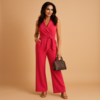 Chic wrap jumpsuit with wide legs for women in tailored fit, ideal for formal and stylish occasions.