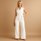 Chic wrap jumpsuit with wide legs for women in tailored fit, ideal for formal and stylish occasions.