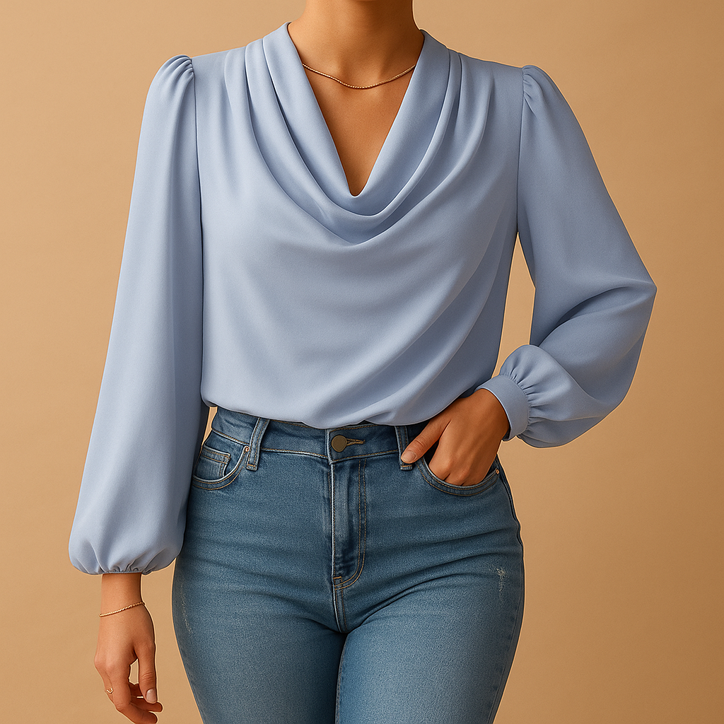 Women’s chiffon blouse with a V-neck and puff sleeves, featuring a relaxed fit and lightweight feel for casual and formal wear.